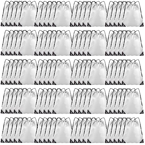 Grneric Drawstring Backpack Bulk 100Pcs Cinch Bag, Polyester Drawstring Bags for Gym Beach Sports Short Trip Party (White) - color: White