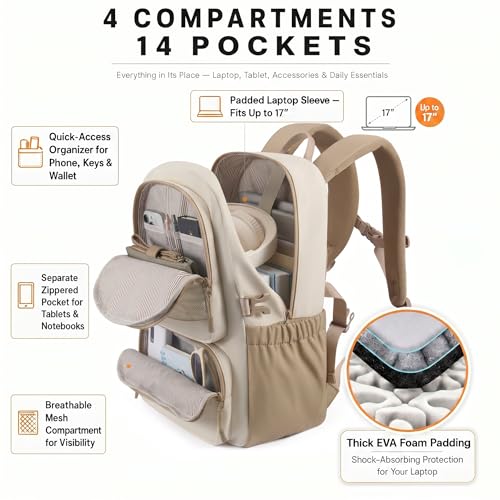 LOVEVOOK Laptop Backpack, 17" Carry On Airline Approved, Personal Item Bag Meets FAA Size, Trolley Sleeve Slides Over Suitcase, Waterproof Daypack for Travel College with Mini Pouch - color: Beige - Light Pink, size: 17 Inch