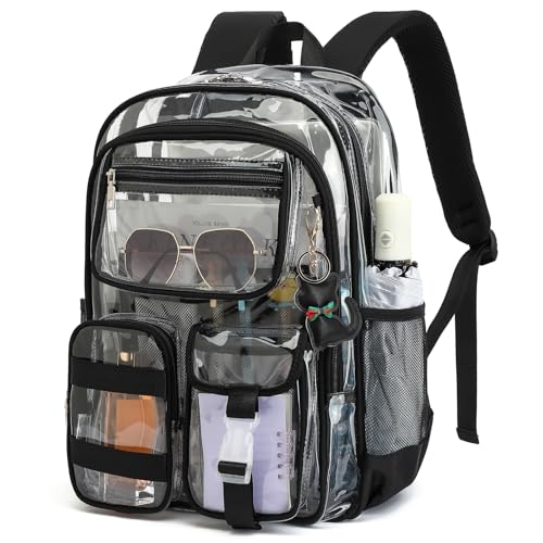 Clear Backpack for School Girls Boys Heavy Duty Transparent Backpack with Multiple Pockets, Lightweight PVC See Through Bookbag for Students-Black - color: Black