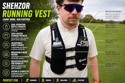 SHEHZOR Hydration Running Vest + 500ml Soft Flask | 9-Pocket Zero-Bounce Trail Running Backpack | Breathable Mesh Tactical Chest Rig for Marathons, Hiking | Unisex Adjustable
