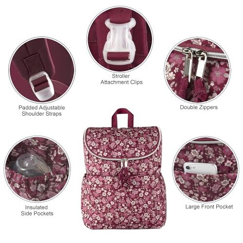 Multi-Function Floral Diaper Backpack and Travel Nappy Baby Bag with Changing Pad and Stroller Straps - color: Burgundy Floral