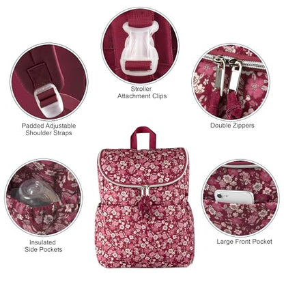 Multi-Function Floral Diaper Backpack and Travel Nappy Baby Bag with Changing Pad and Stroller Straps - color: Burgundy Floral