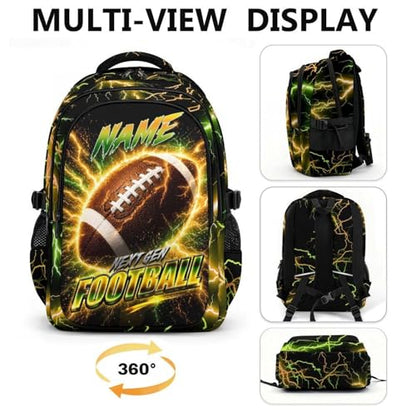 Kids Backpack for Boys, Custom Football Bookbag with Reflective Ergonomic Design - 17 Inch Sport Backpacks with Lightning Print for Middle High School - color: Brown