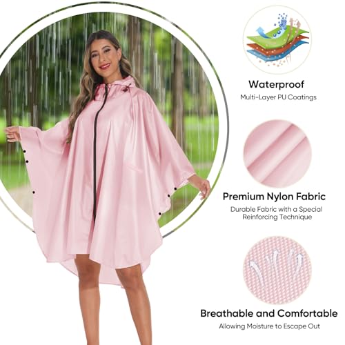 PTEROMY Hooded Rain Poncho for Adult with Pocket and Zipper, Waterproof Lightweight Raincoat for Men and Women - color: Pink