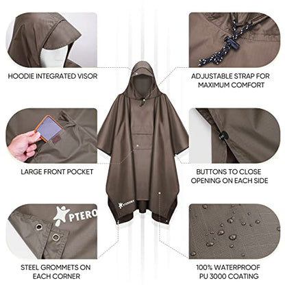 PTEROMY 3-in-1 Hooded Rain Poncho for Adult with Pocket, Waterproof Lightweight Unisex Raincoat for Hiking Camping Emergency - color: Brown