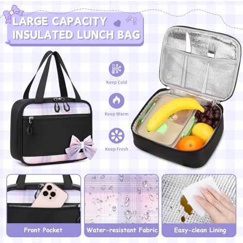 MOONBABY Girls Backpack, Kids Backpack for Girls School Bags with Lunch Bag & Pen Case, Bow Plaid Book Bag for Elementary Middle Primary High School College,Black-3pcs - color: Black Set