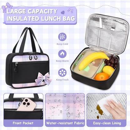 MOONBABY Girls Backpack, Kids Backpack for Girls School Bags with Lunch Bag & Pen Case, Bow Plaid Book Bag for Elementary Middle Primary High School College,Black-3pcs - color: Black Set