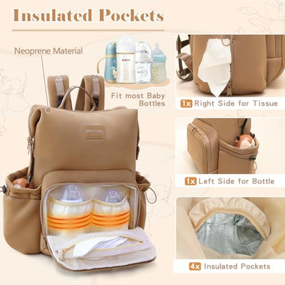 miss fong Diaper Bag Backpack - Baby Diaper Bag Neoprene Bag Large Capacity Neoprene Backpack with Diaper Changing Pad Pañaleras Para Bebe Baby Bag with 12 Pockets for Mom & Dad -Brown - color: Brown