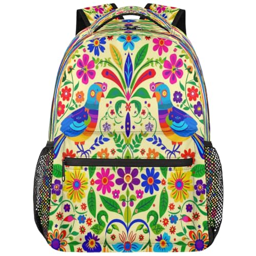 Mexican Backpack with Chest Strap, Casual Backpack for Women Men, 16 Inch Daypack for Travel Work, Mexico Style Floral Bird - color: Bronze
