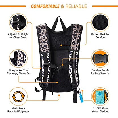 Vibe Festival Gear Rave Hydration Pack Backpack with 2L Water Bladder for Women Men – Festival Hydropack, Hydro Pack, Leak Proof, Lightweight – Teens, Party, Hiking, Running, Outdoor Sports - color: Leopard