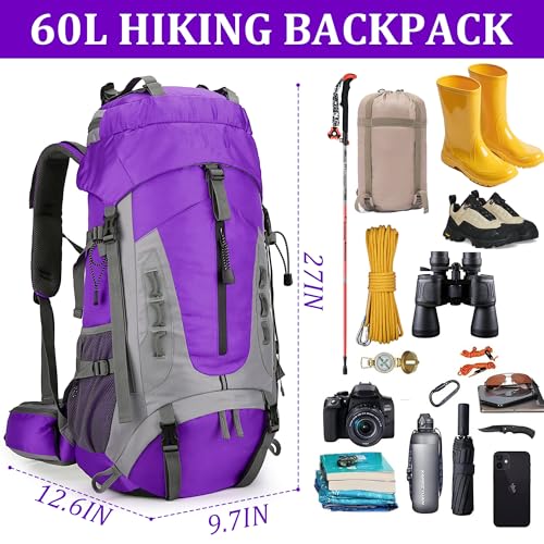 75L Hiking Backpack with Rain Cover Waterproof Camping Backpack Shoes Warehouse for Men Women, Frameless - color: Purple, size: 60L