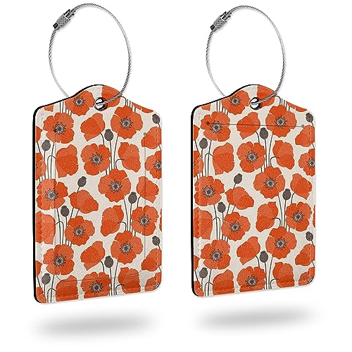 2 Pack Luggage Tag for Suitcases,Vintage Poppy Flower PU Leather Bag Travel Suitcase ID Identifier Baggage Tags for Women Men Travel - color: Vintage Poppy Flower