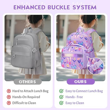Toddler Backpack for Girls Ages 5-8, 3PCS Girls Backpack with Lunch Bag & Pencil Case - 15inch Kids School Bookbag for Preschool Kindergarten Elementary School (Purple Butterfly) - color: Purple Butterfly