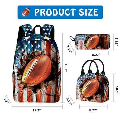 3PCS Backpack for Girls Boys,Teens Flag Football Back to School Backpack with Lunch Box Pencil Case, 17 Inch Lightweight Students Backpack 3 in 1 Set for Elementary Middle High School - color: American Flag Football