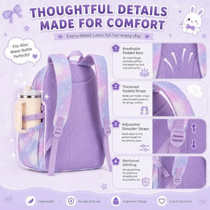 BTOOP Multi-Compartment Kids Backpack for Girls, 3PCS Cute Purple Bow School Backpack with Lunch Bag Pencil Case, Side Pocket Fits 40 oz Tumbler, Girls Bookbag for Elementary Middle School - color: Purple