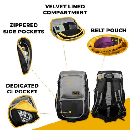 Gold BJJ Jiu Jitsu Backpack - Heavy Duty Gym Bag with Waterproof Gi Pocket - color: Grey
