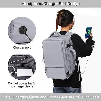Sinaliy Travel Backpack for Women & Men, 40L Carry-On, 17-Inch Laptop, Waterproof, College Bookbag, Flight Approved - color: Grey