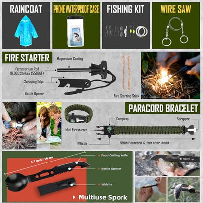 Survival Kit, 268 Pcs Emergency Survival Gear and Equipment Supplies with First Aid Kit, Camping Axe, Headlamp, Crossbody Bag for Camping Hiking, Hunting, Gift for Christmas Men, Dads, - color: Green