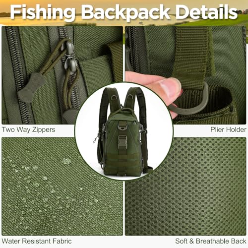 RoundFunny 85 Pcs Fishing Backpack with Tackle Boxes, Tackle Sling Bag with Rod Holder, Fish Lures and Pliers, Fish Tools Gears & Equipment Father's Day Fishing Gift for Dad Men - color: Army Green