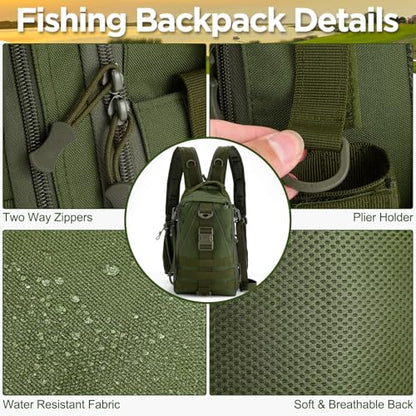 RoundFunny 85 Pcs Fishing Backpack with Tackle Boxes, Tackle Sling Bag with Rod Holder, Fish Lures and Pliers, Fish Tools Gears & Equipment Father's Day Fishing Gift for Dad Men - color: Army Green
