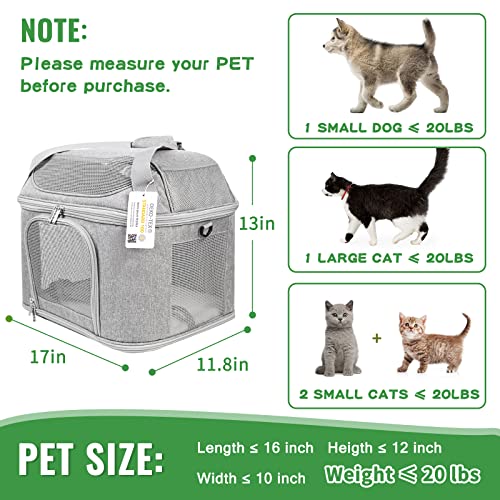 Large Cat Carrier for 2 Cats, Soft Side Pet Carrier for Cats Small Dog, Collapsible Travel Dog Carrier Bag TSA Airline Approved Dog Carrier Backpack,Grey