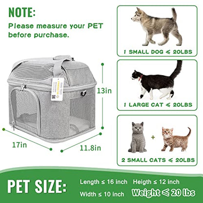 Large Cat Carrier for 2 Cats, Soft Side Pet Carrier for Cats Small Dog, Collapsible Travel Dog Carrier Bag TSA Airline Approved Dog Carrier Backpack,Grey