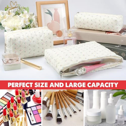 3 Pcs Makeup Bag Cosmetic Bag Set for Girls Women Checkered Travel Organizer Bathroom Toiletry Pouch Large Capacity Storage Bag(Small Flower Blue) - color: Small Flower Blue