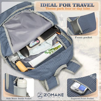 ZOMAKE Lightweight Packable Backpack 30L, Foldable Travel Hiking Daypack - color: B-plaid Royal Blue