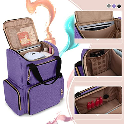 LUXJA Nail Polish Organizer (Backpack Version) Holds 70 Bottles and a Nail Lamp, Travel Nail Polish Storage with 2 Removable Cases and Tools Storage Pockets (Patent Pending), Purple - color: Purple