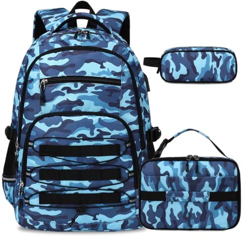 ACESAK Camo Backpack for Boys, Tactical Kids Backpack Boys, School Bags for Boy Children Teens Kids Elementary Middle High School, Military Bookbag and Lunch Bag Pencil Case Set with USB Charging Port - color: Camo Blue