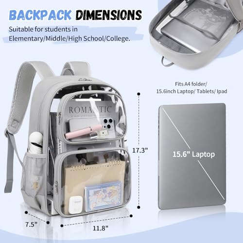 Sisipoet Clear Backpack for School, Heavy Duty PVC Transparent Backpack with Oxford Fabric Side Panels, Large Clear Bookbag for Teens Students Women Men, Grey - color: Grey