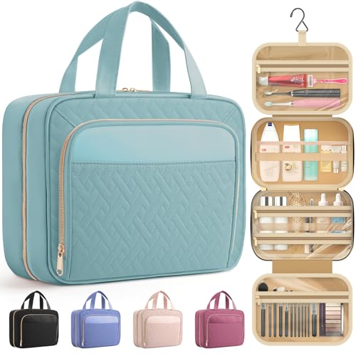 HOTOR Travel Toiletry Bag for Women & Men, Waterproof Makeup Bag with Hanging Hook and Multiple Pockets, Cosmetic Bags for Women, Travel Essentials, 11.2'' x 3.2'' x 8.9'', Light Blue - color: Light Blue, size: Medium