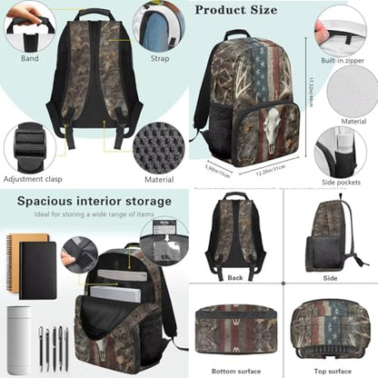 3pcs School Backpack Set With Lunch Box Pencil Case, Skull Deer 17 Inch Large Capacity Bookpacks 3 In 1 Set For Boys Girls - color: Skull Deer