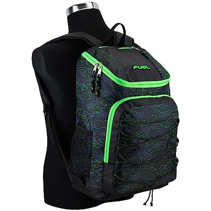 FUEL Wide Mouth Sports Luggage Backpack with Front Bungee and Inner Tech Pocket, Green Outline Camo - color: Green Outline Camo