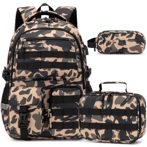 DIGOBAY Camo Backpack for Boys, Tactical Boys Backpack for School, Kids Backpack With Lunch Box Pencil Case USB Charging Port Military Army Book Bags for Boy Teens Kids Elementary Middle High School - color: Grey Green Brown Camo