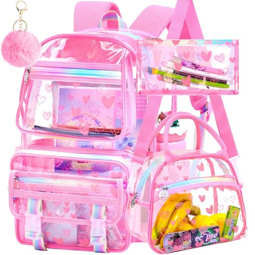 KLFVB 3PCS Clear Backpack Heavy Duty, Girls See Through School Bag Set, Cute Transparent Bookbag for Women - Heart Love Pink - color: Heart Love Pink Clear Backpack