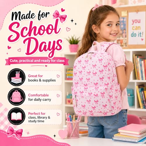LOIDOU Girls Backpack for Kids Cute School Bookbag - color: Bow Pink 215, size: L-17"
