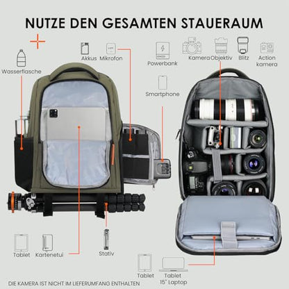 TARION Camera Backpacks for Photographers - Camera Bag Photography Backpack with 15" Laptop Compartment Side Access Tripod Holder - Waterproof Rain Cover- Anti-theft Hidden Pocket - TB04 Green - color: Green