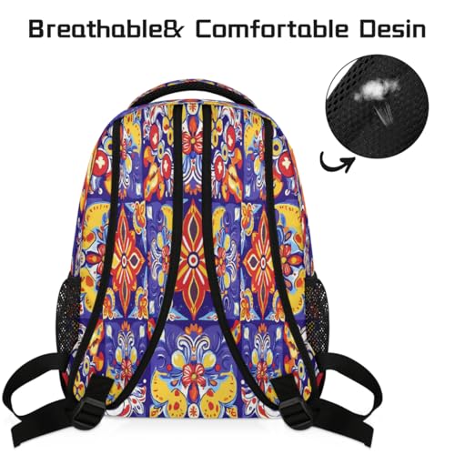 Large Backpack with 15.6 Inch Laptop Compartment, Ethnic Talavera Flower Adult Backpack for Work, Travel & School College Boys Girls - color: Ethnic Talavera Flower