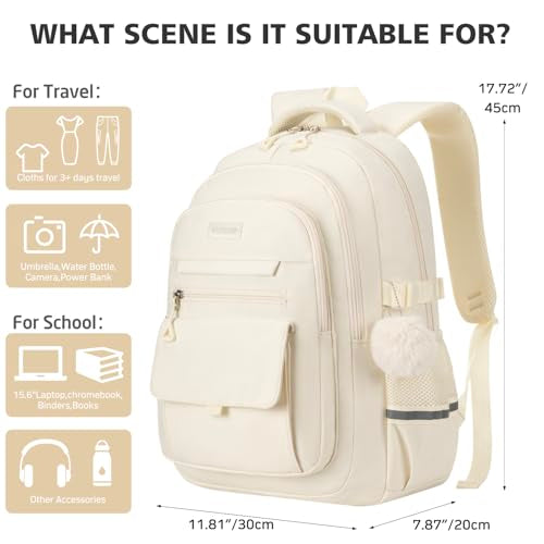 Cute Teen Girls Backpack, Big Student School Backpack Laptop Bookbag for College Women Aesthetic Middle High School Bag, Mochilas Escolares, Beige - color: Beige, size: 15.6in