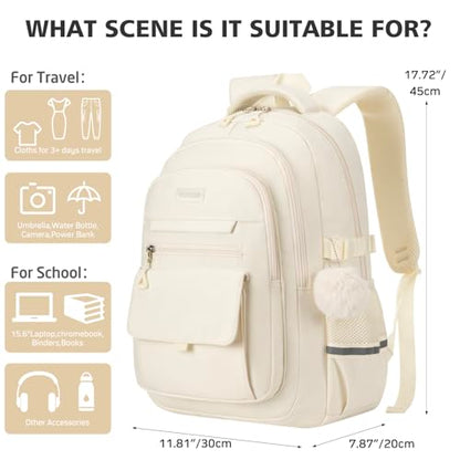 Cute Teen Girls Backpack, Big Student School Backpack Laptop Bookbag for College Women Aesthetic Middle High School Bag, Mochilas Escolares, Beige - color: Beige, size: 15.6in