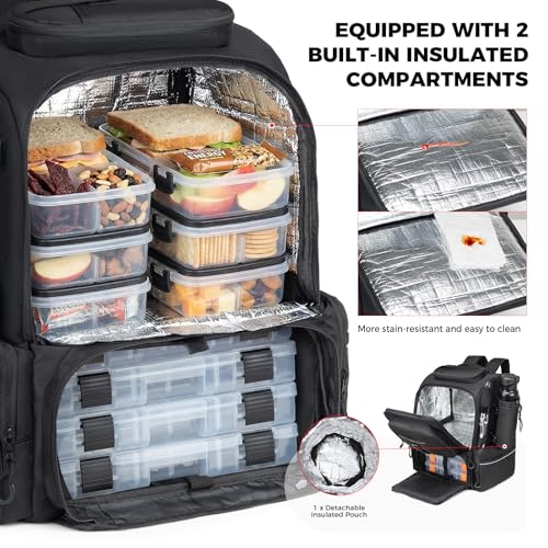 WANOON 45L Fishing Backpack | Waterproof, Insulated Bait Pocket, 4 Rod Holders, Easy-to-Clean Cooler Liner - color: Black, size: 45L-Without Tackle Boxes