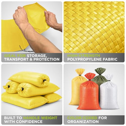 Heavy Duty Sand Bags Pack of 6, Bright Yellow Empty Sandbags with Built-In Ties, Woven Polypropylene UV Protection 1600 Hours, Fillable Bags for Flood Control, Weight, 20x36 inches, 100 Pounds Volume - size: 20"W x 36"L, style: Pack of 6