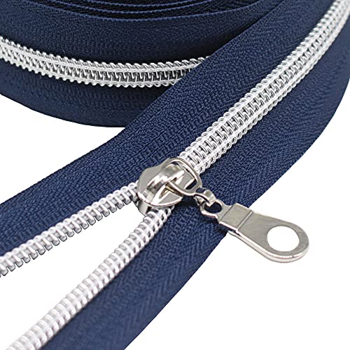 MebuZip #5 Silver Metallic Nylon Coil Zippers by The Yard Bulk Coil Zipper Roll 10 Yards with 25pcs Pulls for DIY Sewing Craft Bags (Navy Blue) - color: Silver Navy Blue