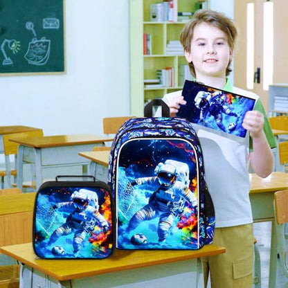 HPJGD 3PCS Boys Astronaut Bookbag, Water Resistant Kids School Bag Set with Lunch Box, Cool Backpack for Elementary Preschool Toddler - Soccer Astronaut - color: Cool Uv Printed Astronaut Soccer Blue