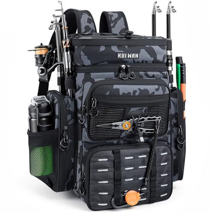 Fishing Backpack with Cooler & 4 Rod Holder, Large 45L Tackle Bag Store Fishing Gear Boxes Gifts for Men Woman-Camo Back Pack