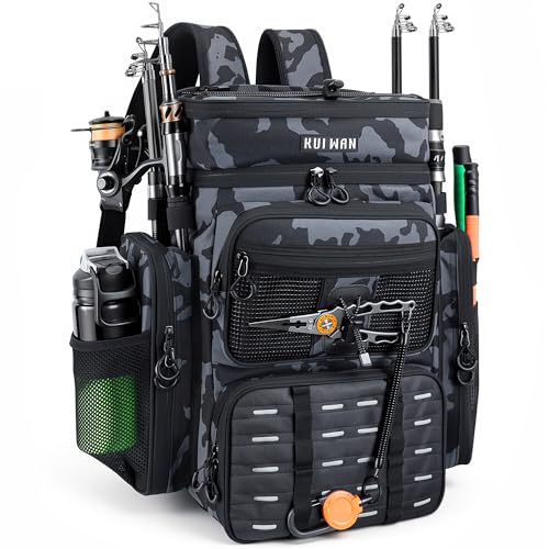 Fishing Backpack with Cooler & 4 Rod Holder, Large 45L Tackle Bag Store Fishing Gear Boxes Gifts for Men Woman-Camo Back Pack
