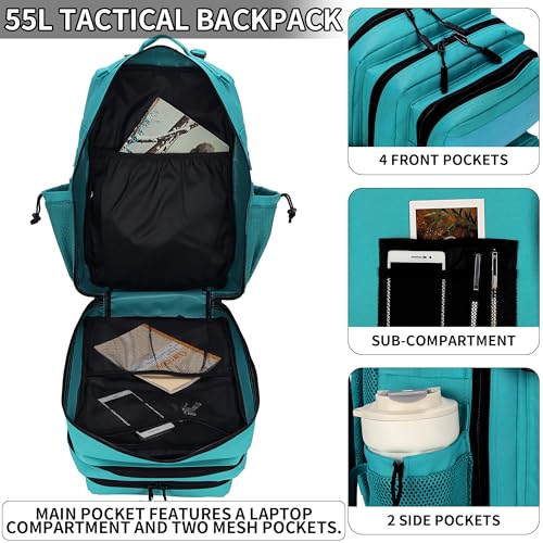 55L Tactical Backpack Heavy Duty Military Rucksack Molle Backpack 3 Day Assault Pack for Work Outdoors - color: Lakeblue