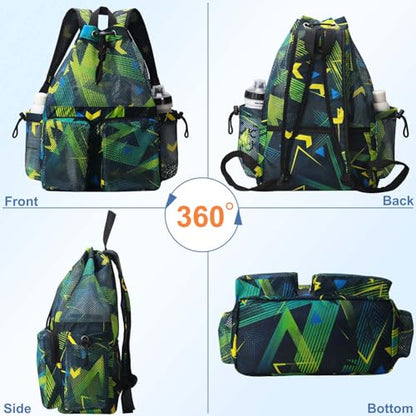 RHCPFOVR Mesh Swim Bags for Swimmers - Drawstring Backpack for Women Men Swim Team Gear Beach Gym Bag Sports - color: Green Geometric Patterns, style: Green Geometric Patterns