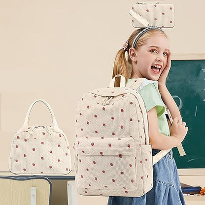 Bluboon School Backpack Set Girls Womens Laptop Bookbag Casual Daypack Fits 15 inch Laptop with Lunch Tote Bag and Pencil Bag - color: Corduroy-strawberry Khaki